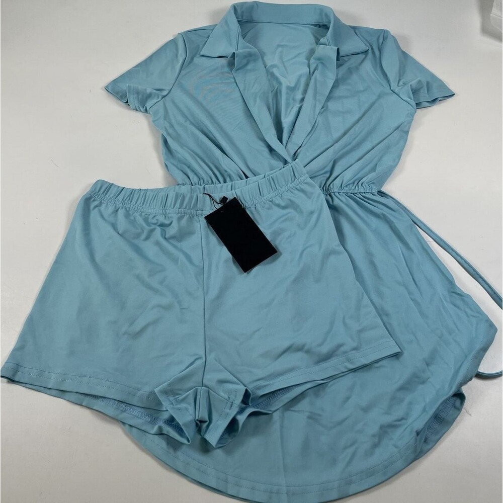Womens  Light Blue Short Dress Set Short Sleeve Deep V-Neck Shein Size XS